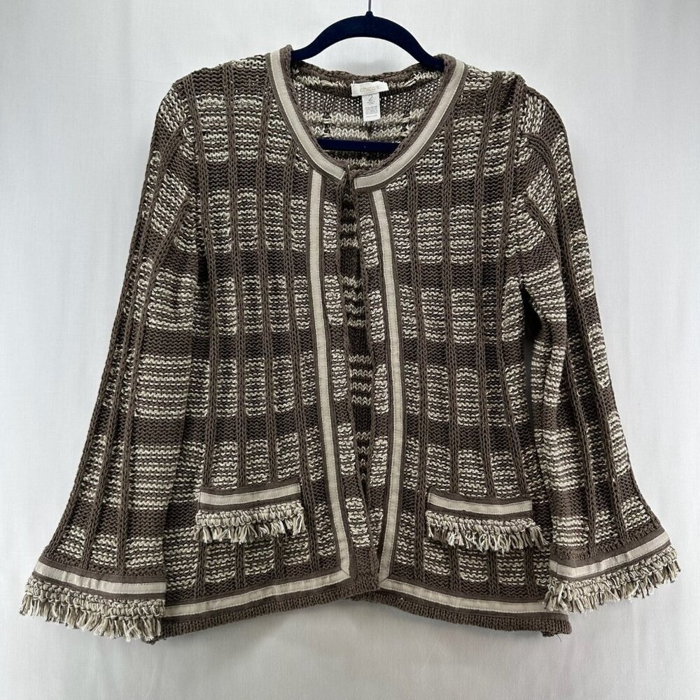 Chico's Cardigan Sz 2/ L Crochet Striped Fringed Jacquard Open Front Brown